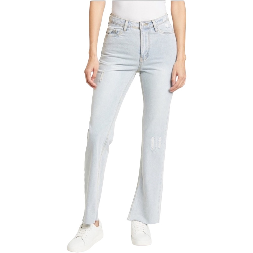 Avec Les Filles Split Hem Straight Leg Distressed Jean